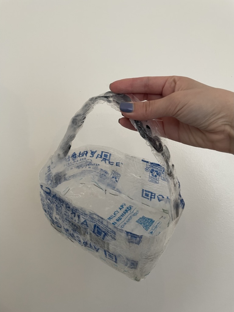 A bag the author fabricated with old plastic in a course called Topics in Fabrication: Re-Plasticing.