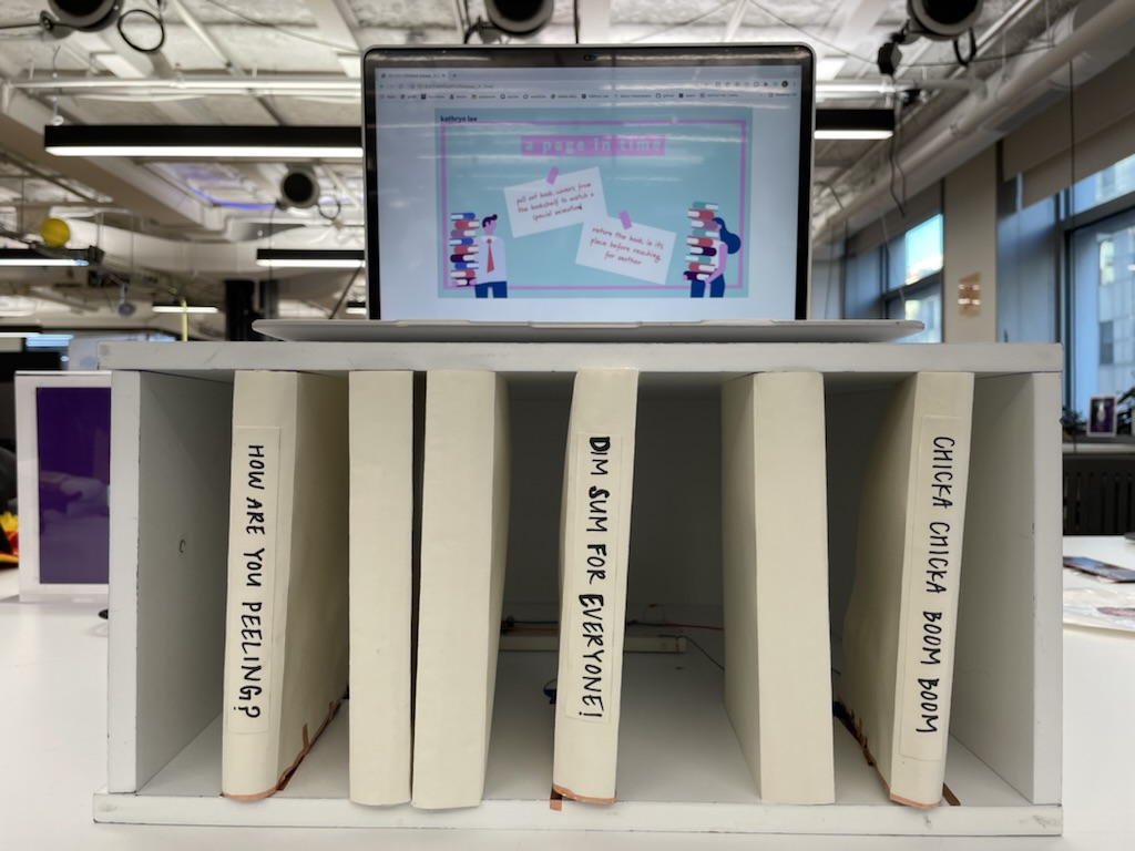 The author’s final project, Interactive Bookshelf, which she created to bridge two of their courses: Creative Computing and Communications Lab.