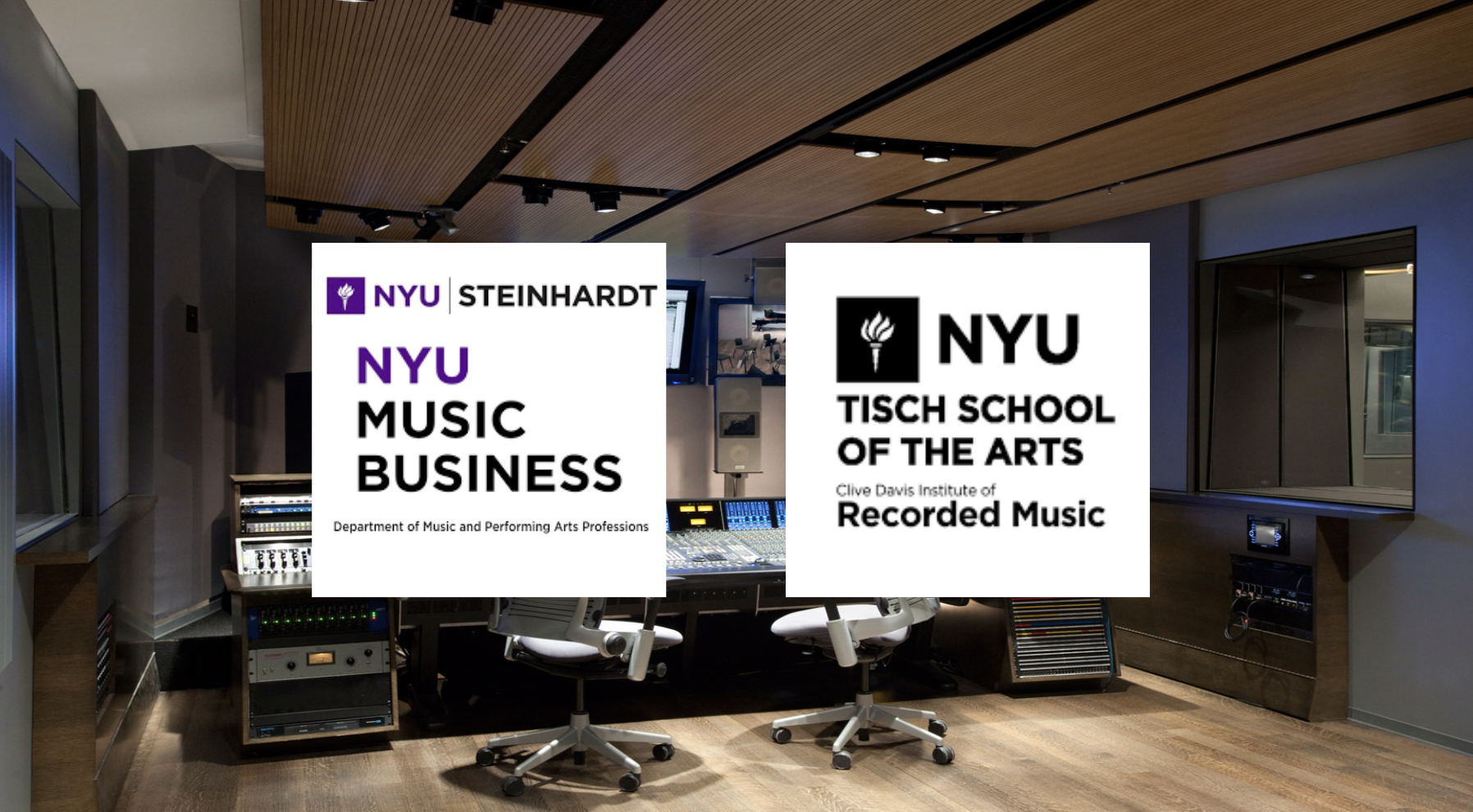 Collage of a recording studio and two boxes with the information of two NYU programs: Music Business at NYU Steinhardt and Recorded Music at NYU Tisch.