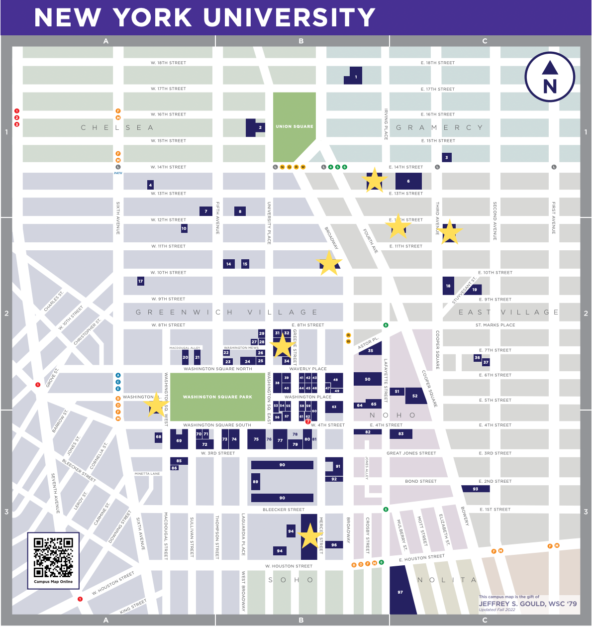 A map of the NYU Washington Square campus; star icons indicate the locations of first-year residential halls.