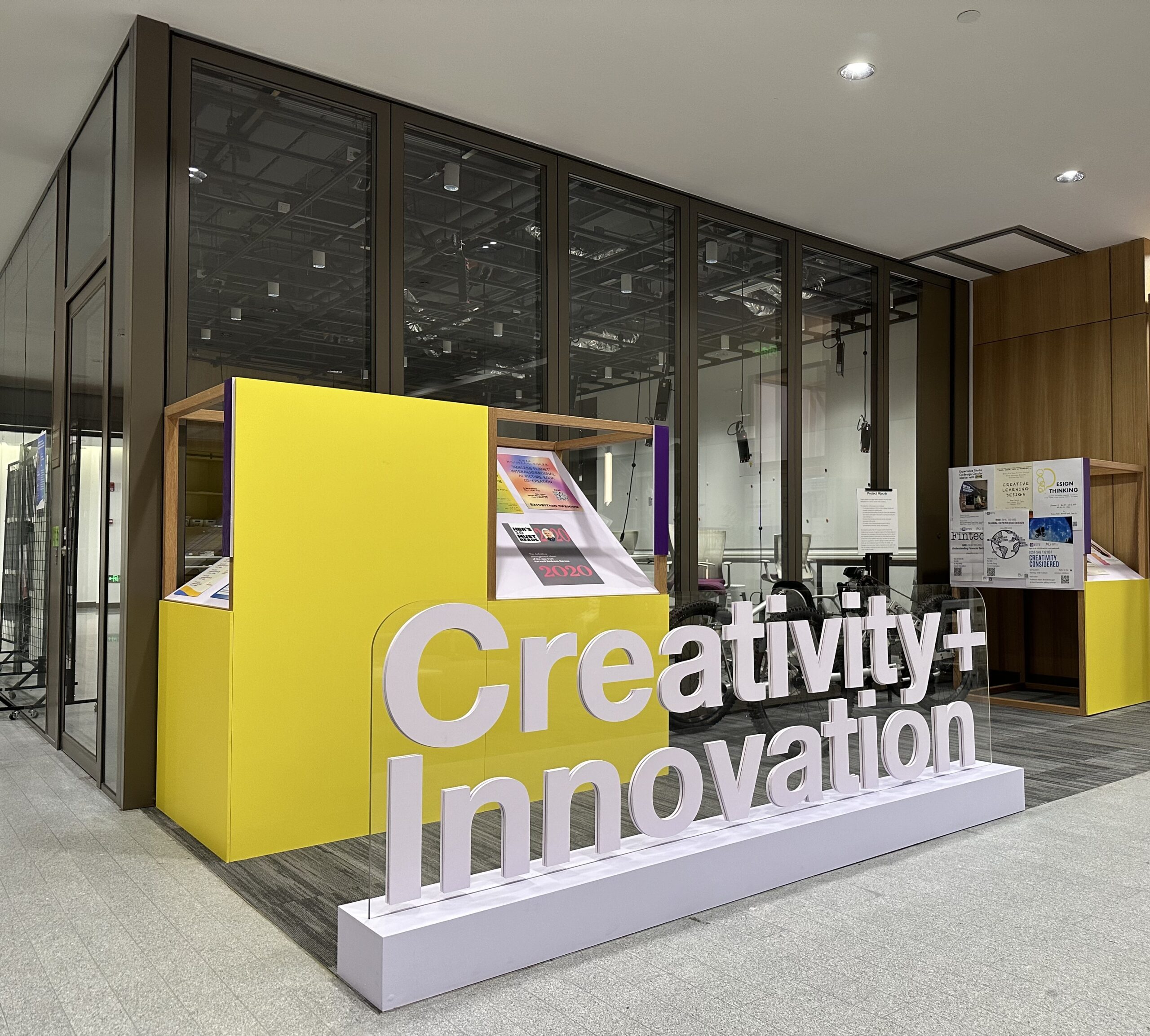 A large 3D sign that reads, “Creativity + Innovation.”