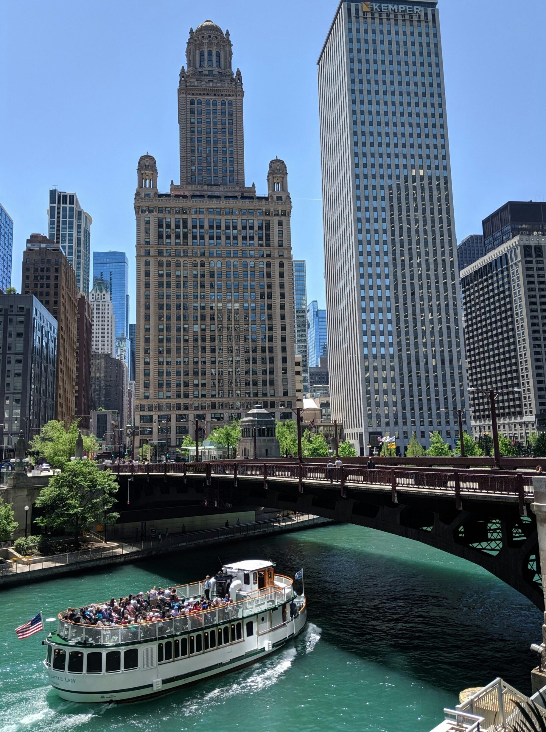The Chicago River with a walkway running above it.
