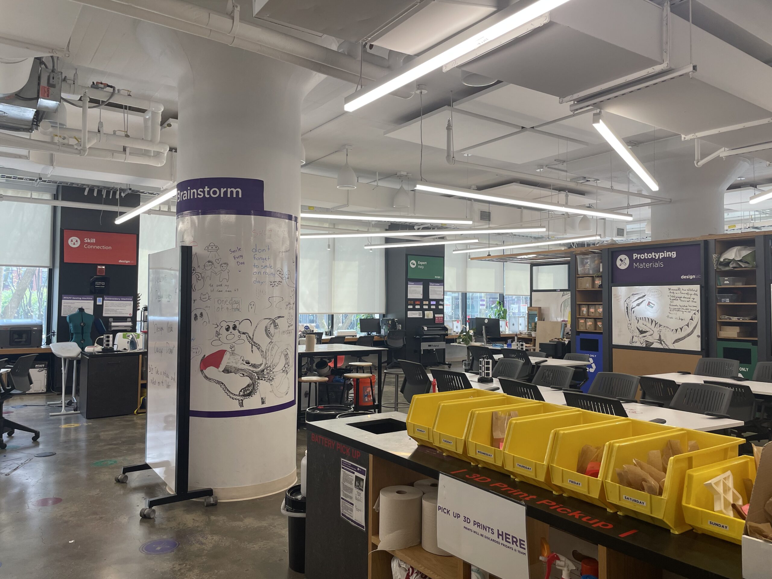 The workspace and pickup area for 3D prints at the NYU MakerSpace.