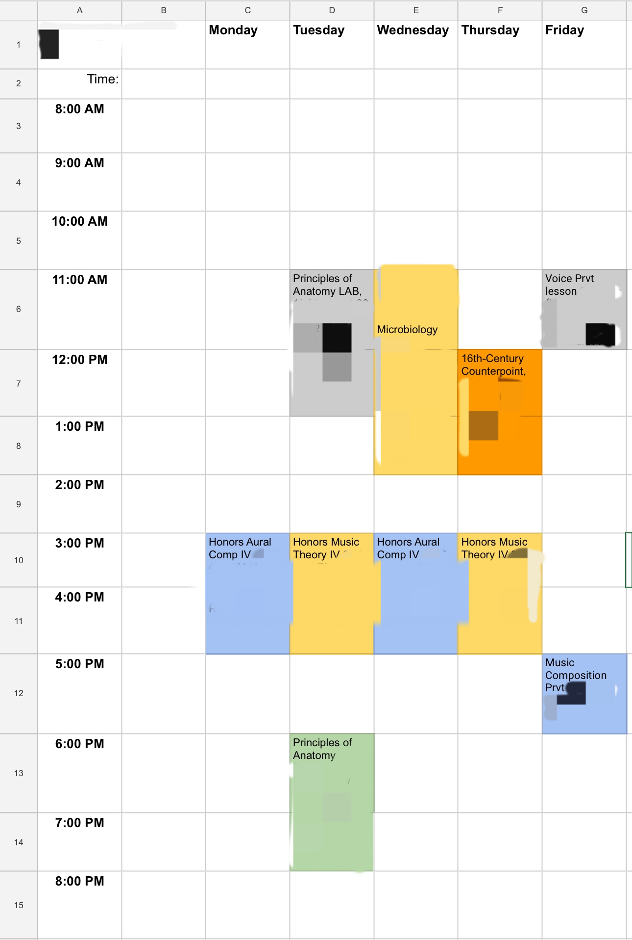 An excel sheet calendar of a nontraditional premed student’s schedule.