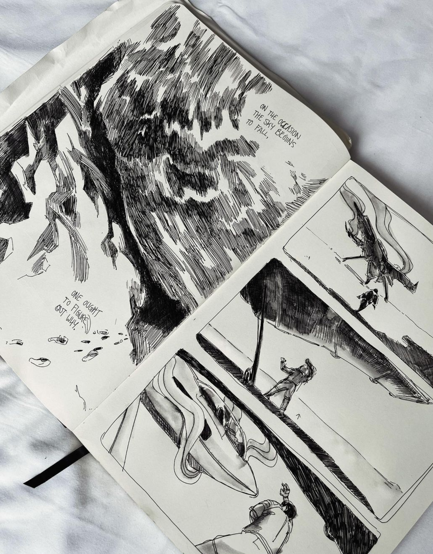 Two pages of a sketchbook filled with illustrations for a graphic novel.