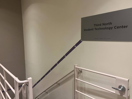 A stairway and the entrance to the Third North Student Technology Center.