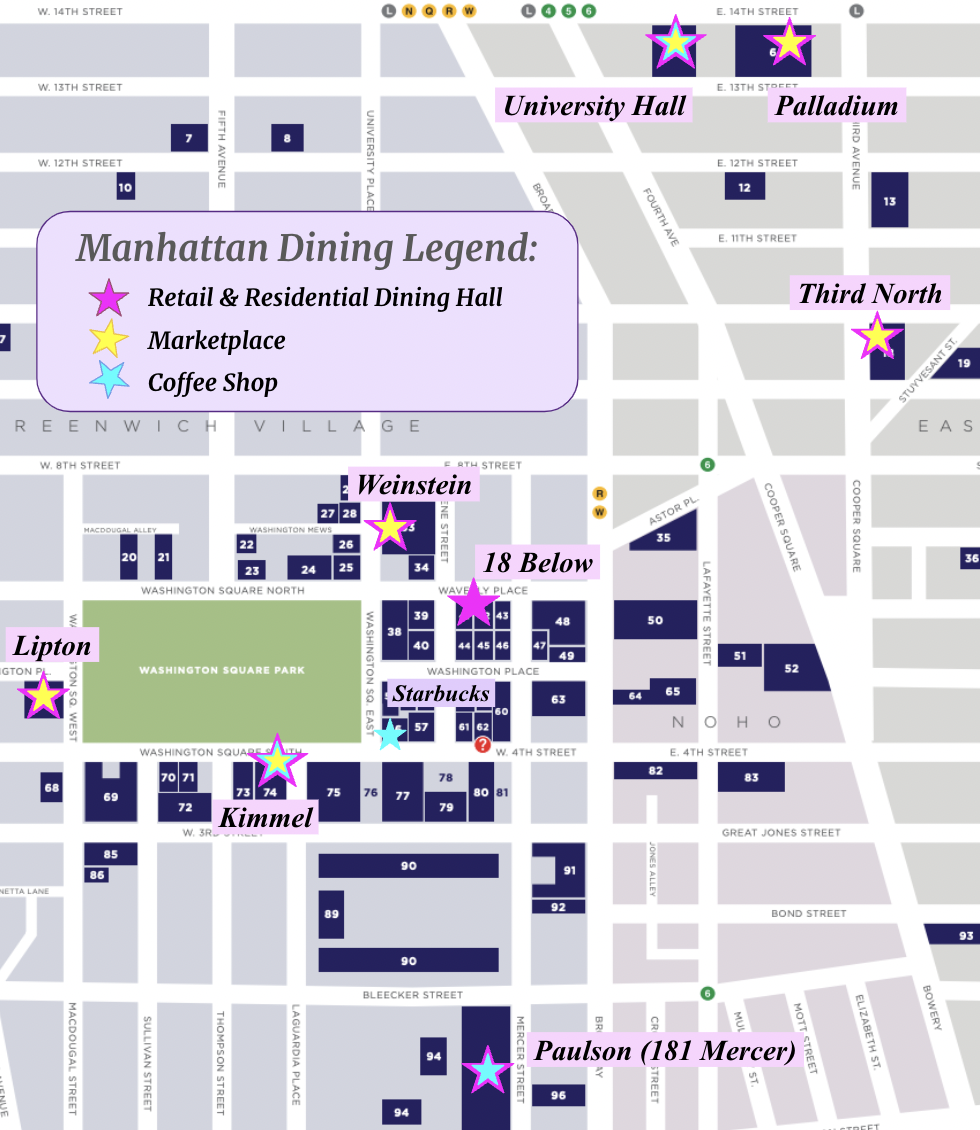 A graphic map of NYU dining options on campus.