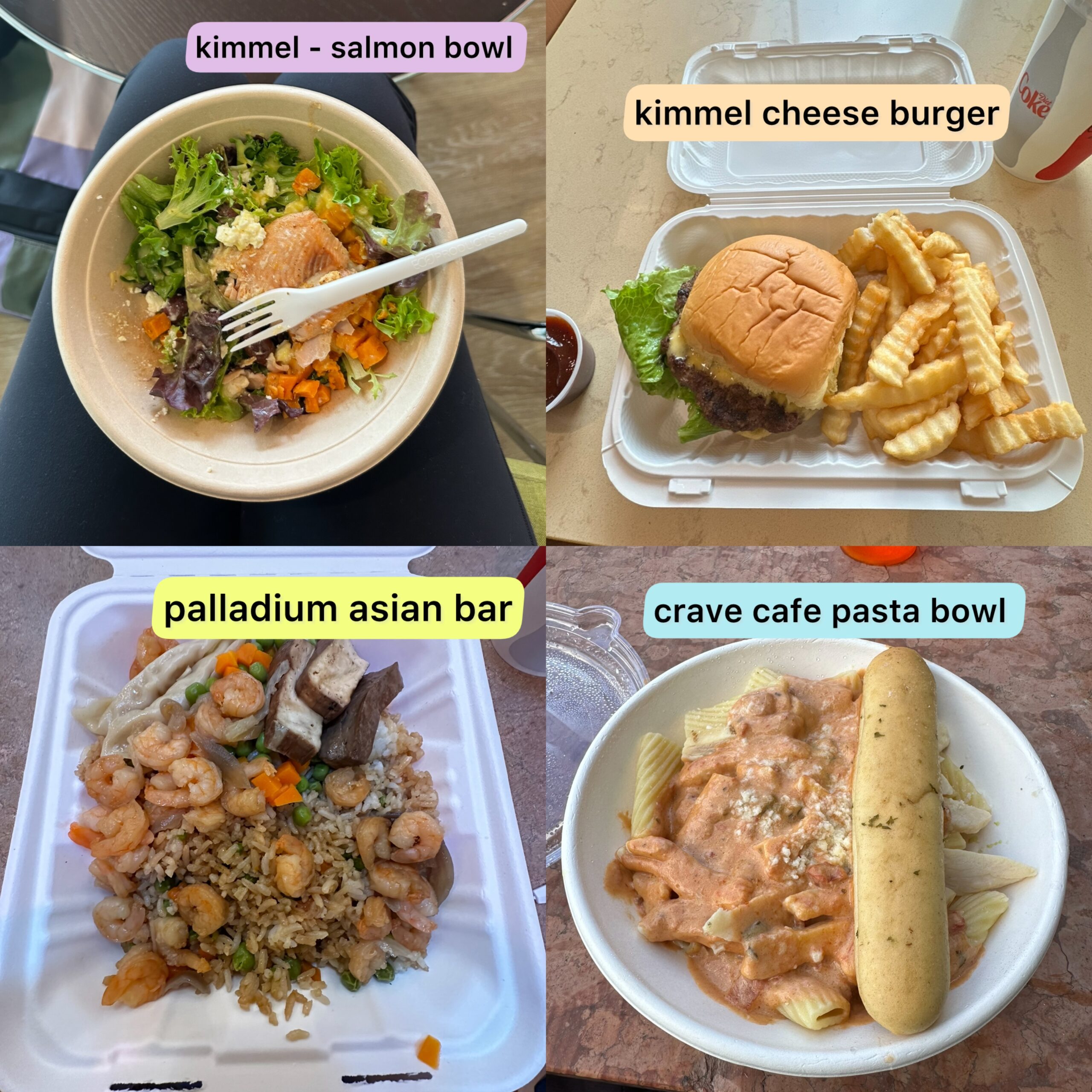 Four different meals from the dining halls: A salmon bowl and cheeseburger from Kimmel, a plate of stir fry from Palladium, and a pasta bowl from Crave NYU.