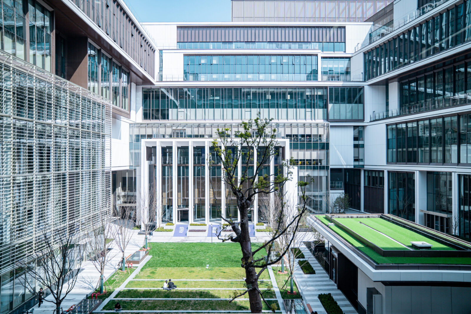 a high shot of the NYU Shanghai campus, centering the courtyard