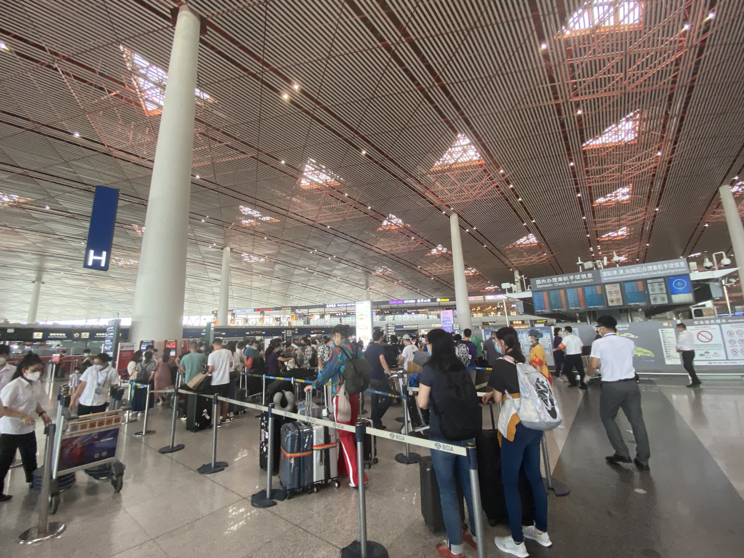 Many people standing in the check-in line at an airport.