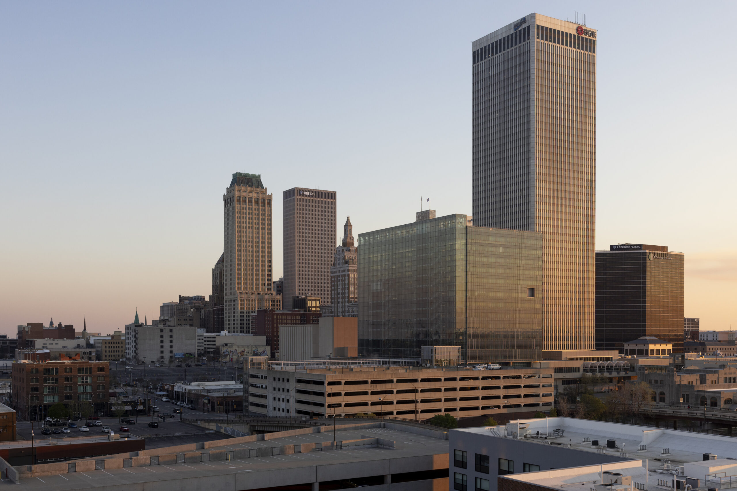 Tulsa skyline at sunset.