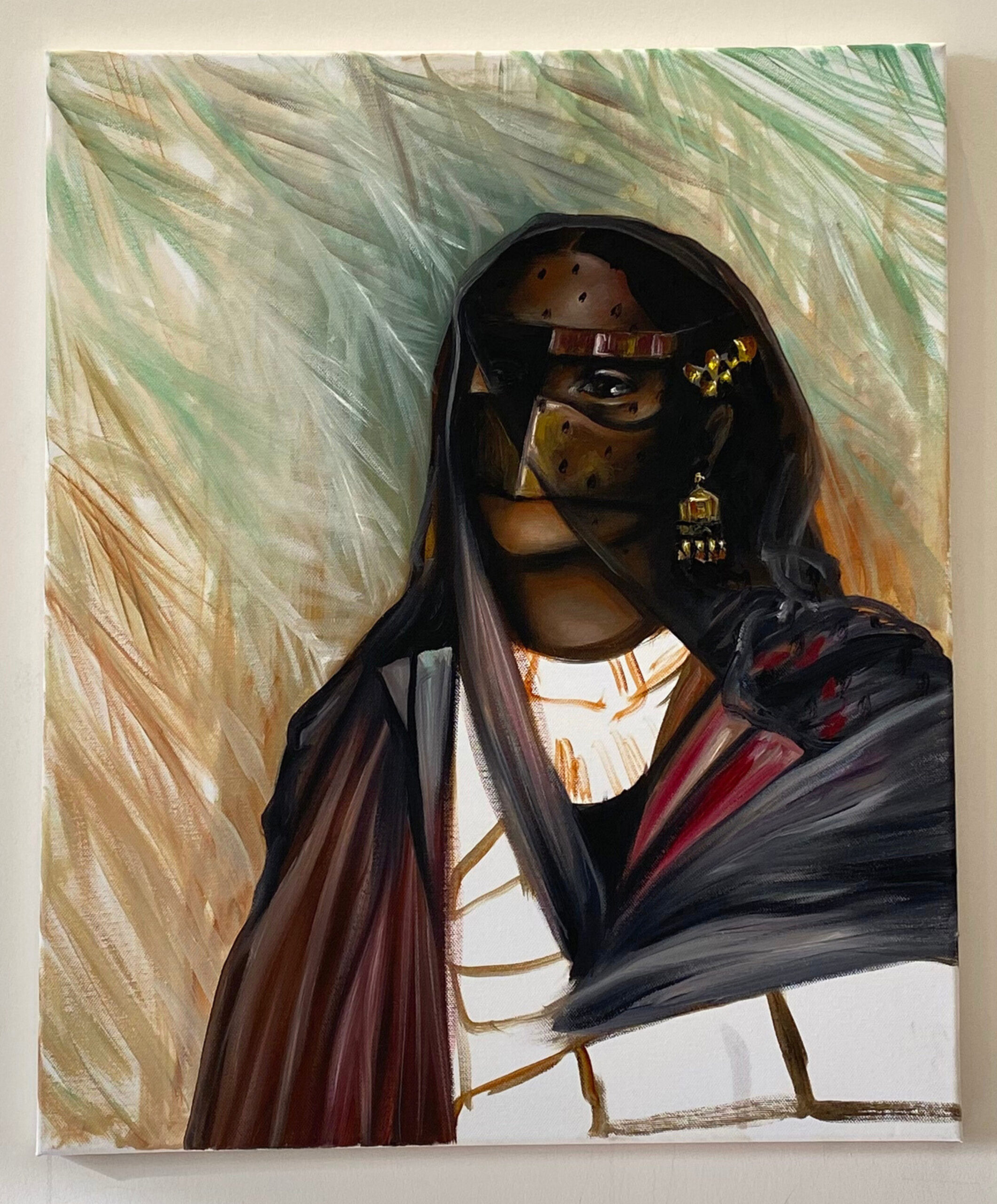 A painting of a figure wearing traditional Middle Eastern attire with a textured, abstract background in earthy tones.