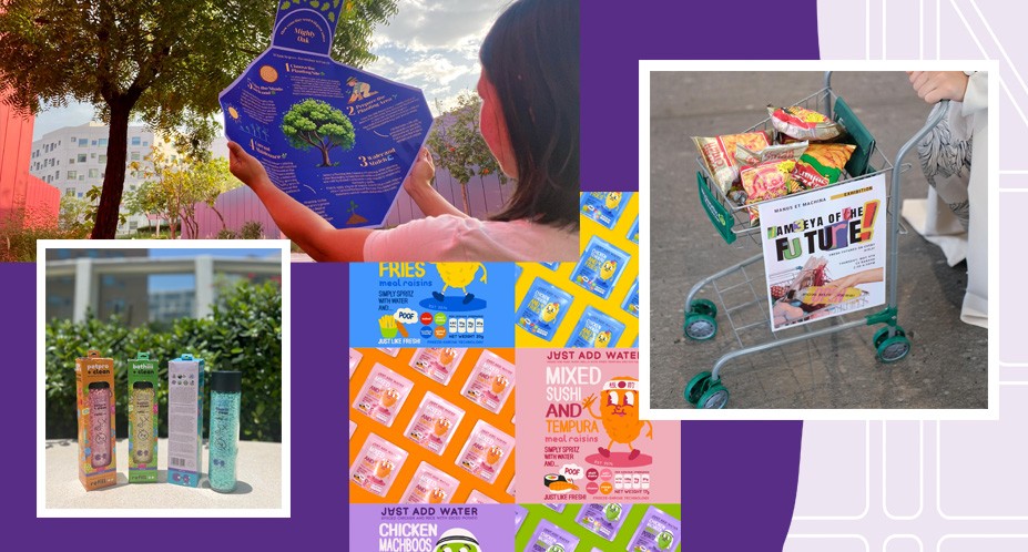 A collage of various images: 1) A student holding up their poster project 2) A collection of water bottle packaging 3) A row of images featuring food packaging 4) A small shopping cart full of packaged food