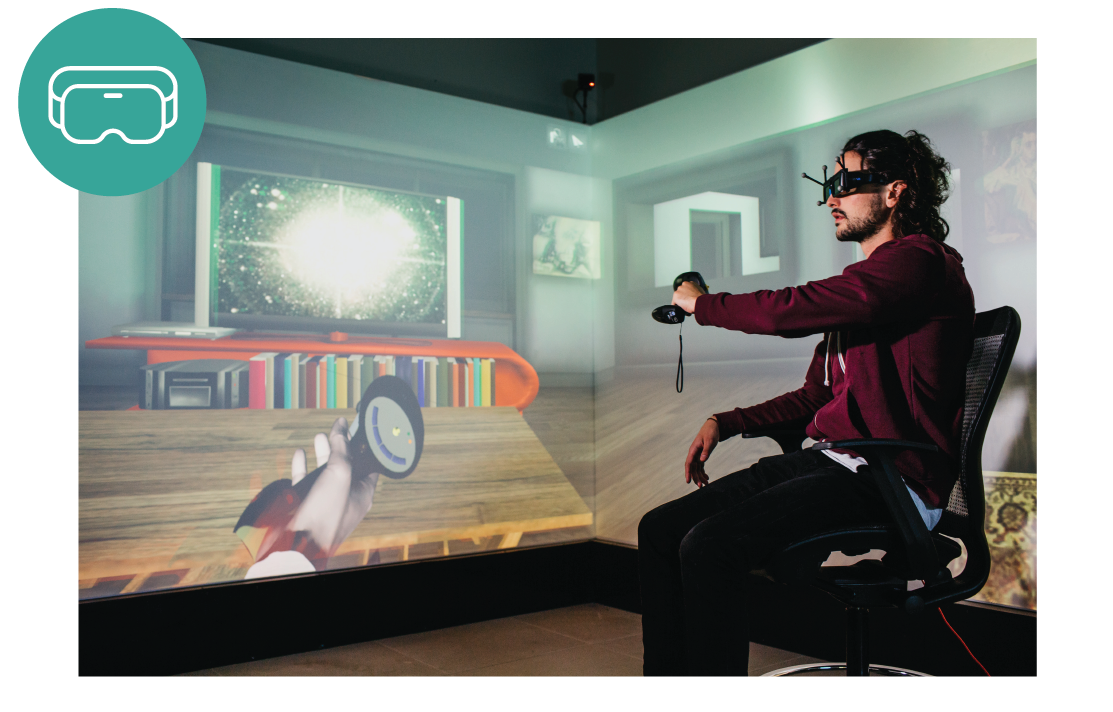 A student using a VR headset, with a blue circle featuring a graphic of VR goggles in the upper left corner of the image.