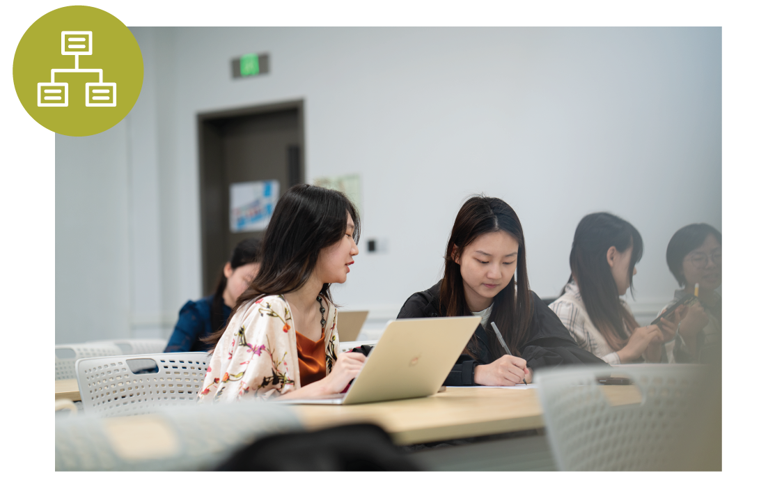 Students working together in class, with a green circle featuring a graphic of a flow chart in the upper left corner of the image.