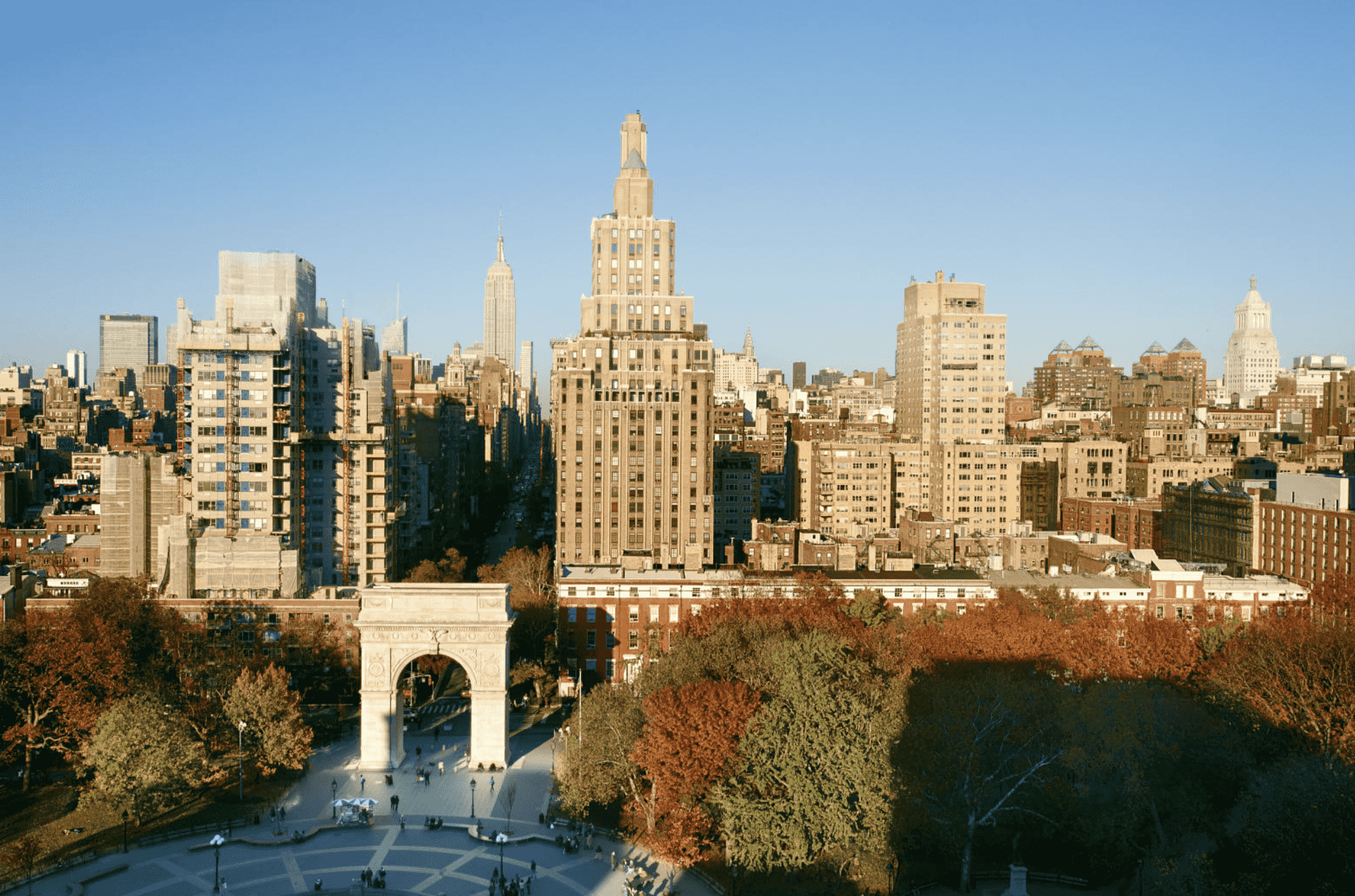 An aerial shot of Washington Square Park and NYU