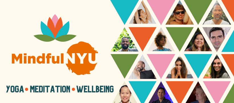 A logo of Mindful NYU with the words Yoga, Meditation, and Wellbeing in text.