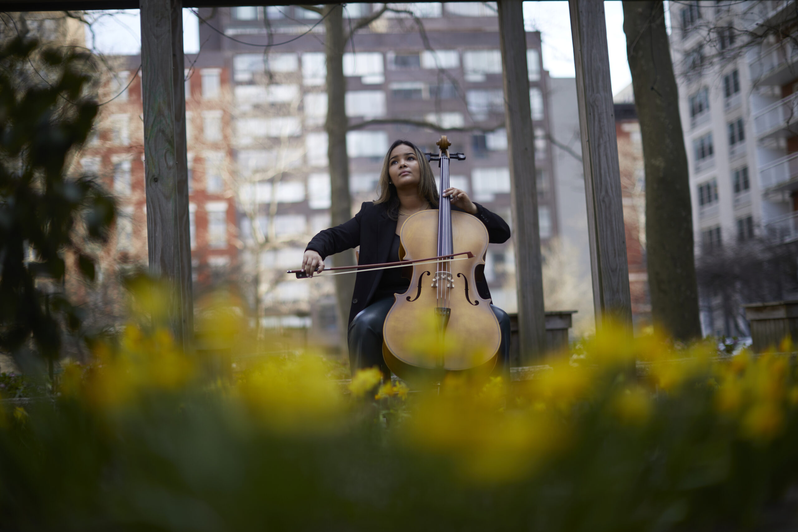 A person plays the cello outdoors in a garden setting, framed by vibrant yellow flowers in the foreground.