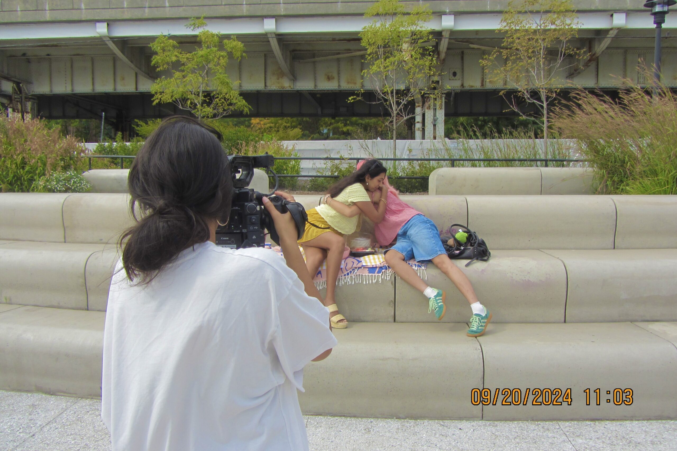 AJ on set with 2 actresses shooting a short film