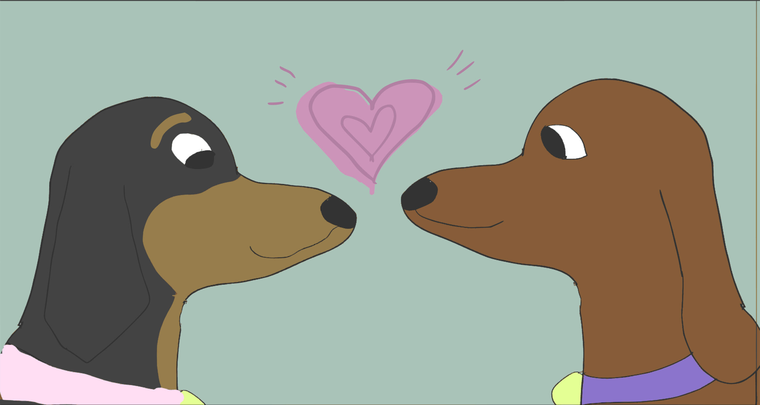 An illustration of two dachshunds facing each other with a pink heart symbol between them, representing affection. The background is a solid pastel teal.