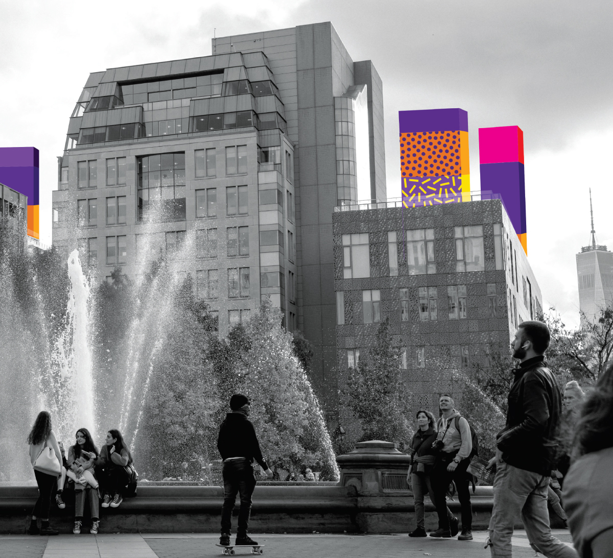 A black-and-white scene of Washington Square Park featuring a fountain in the foreground, surrounded by people sitting, walking, and skateboarding. In contrast, colorful abstract patterns are superimposed on the tops of modern buildings in the background.