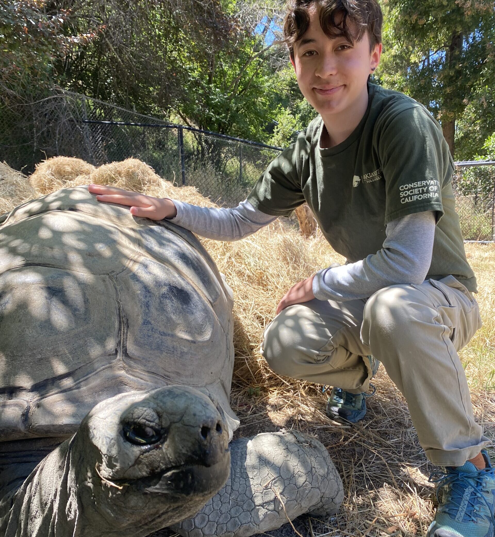 Portrait of Milo Castronovo with a turtle at the Oakland Zoo.