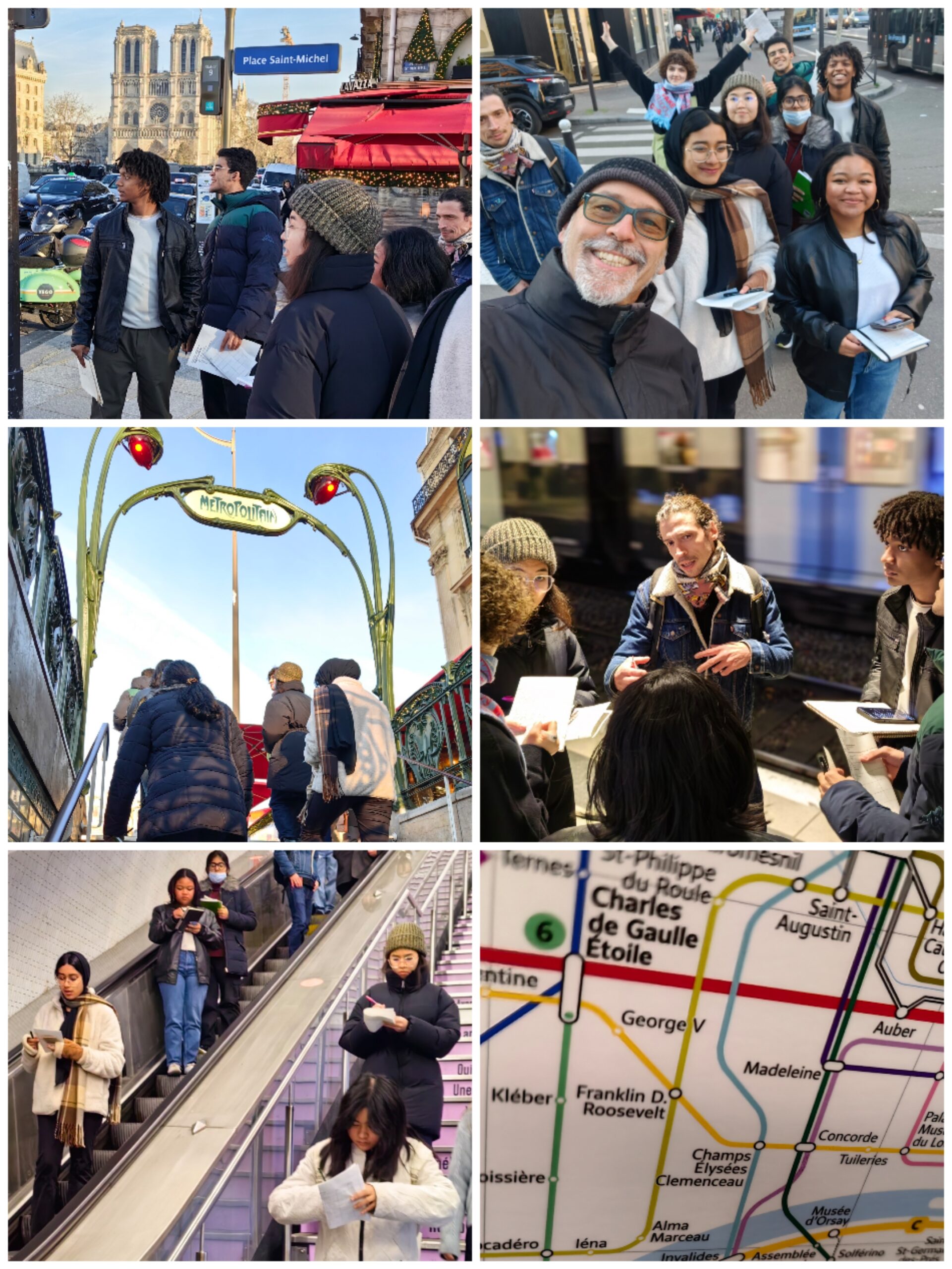 A collage of photos shows a group of students navigating the Paris Métro system. They are reading maps, walking through stations, riding escalators, and listening to a guide. Iconic Paris landmarks like Notre-Dame and classic Métro entrances make appearances, along with a close-up of a Paris Métro map.