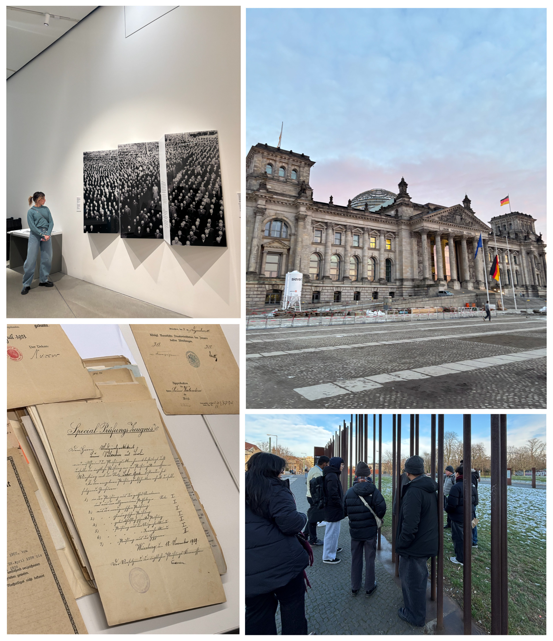 A collage of a learning trip in Berlin. In one photo, a student contemplates a black-and-white art exhibit. Another shows the Reichstag Building, flying German flags. A third image displays archival documents, including official papers and handwritten notes. The last photo captures students listening to a guide at the Berlin Wall Memorial.