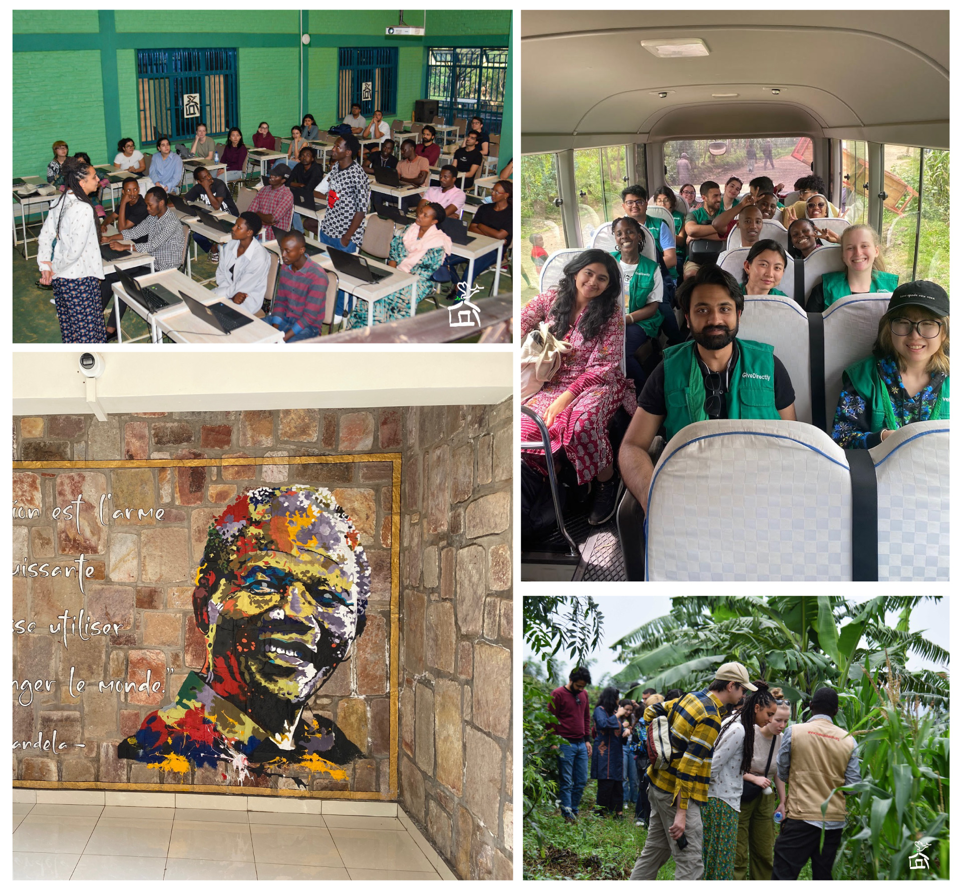 A collage of photos of a student visit to Rwanda. One image shows a classroom full of engaged students. In another, the students smile wide inside a bus. A third photo features a colorful mural of Nelson Mandela on a stone wall. In the last image, the group walks through lush farmland, observing crops and engaging with the environment.