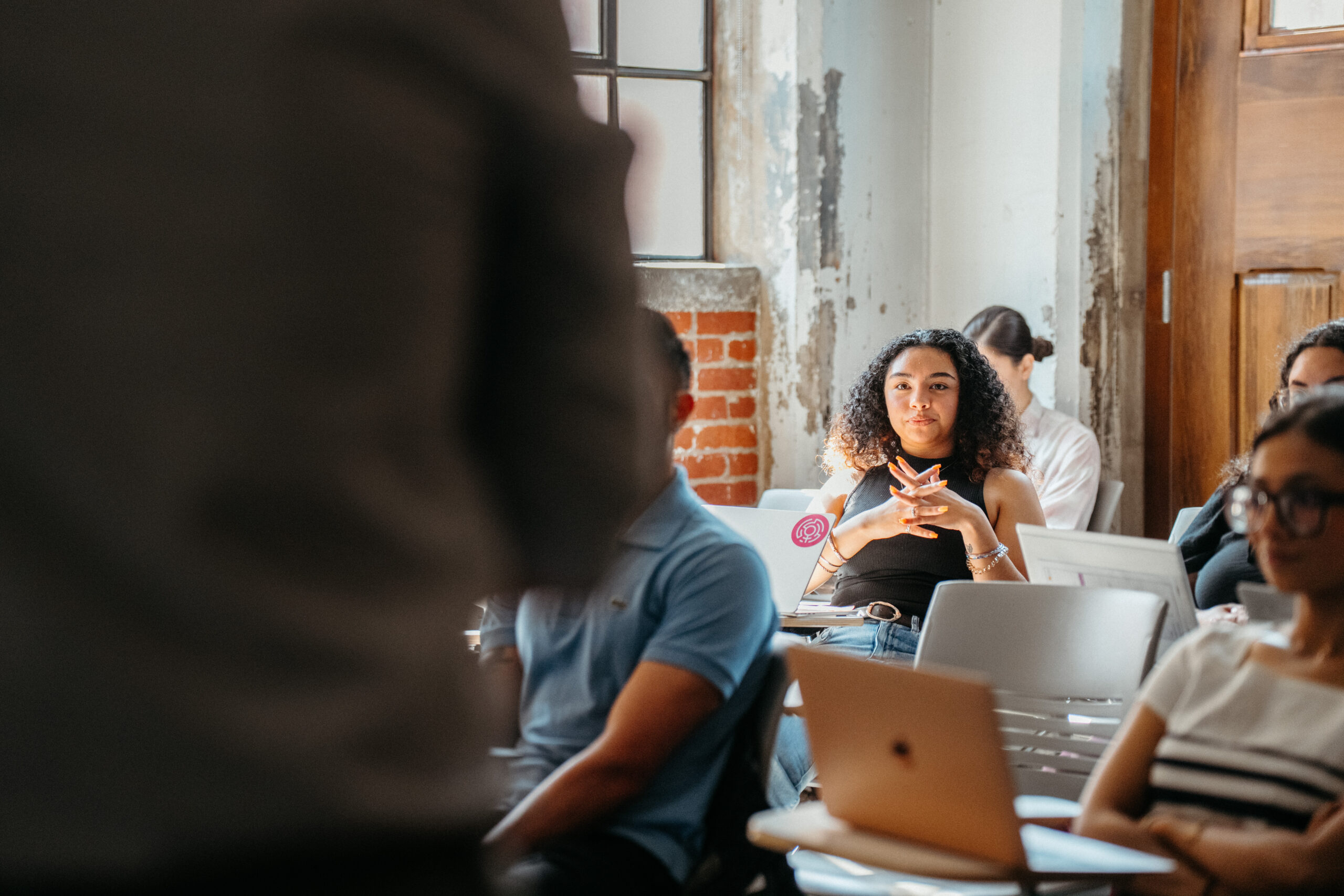 A student listening intently in class.