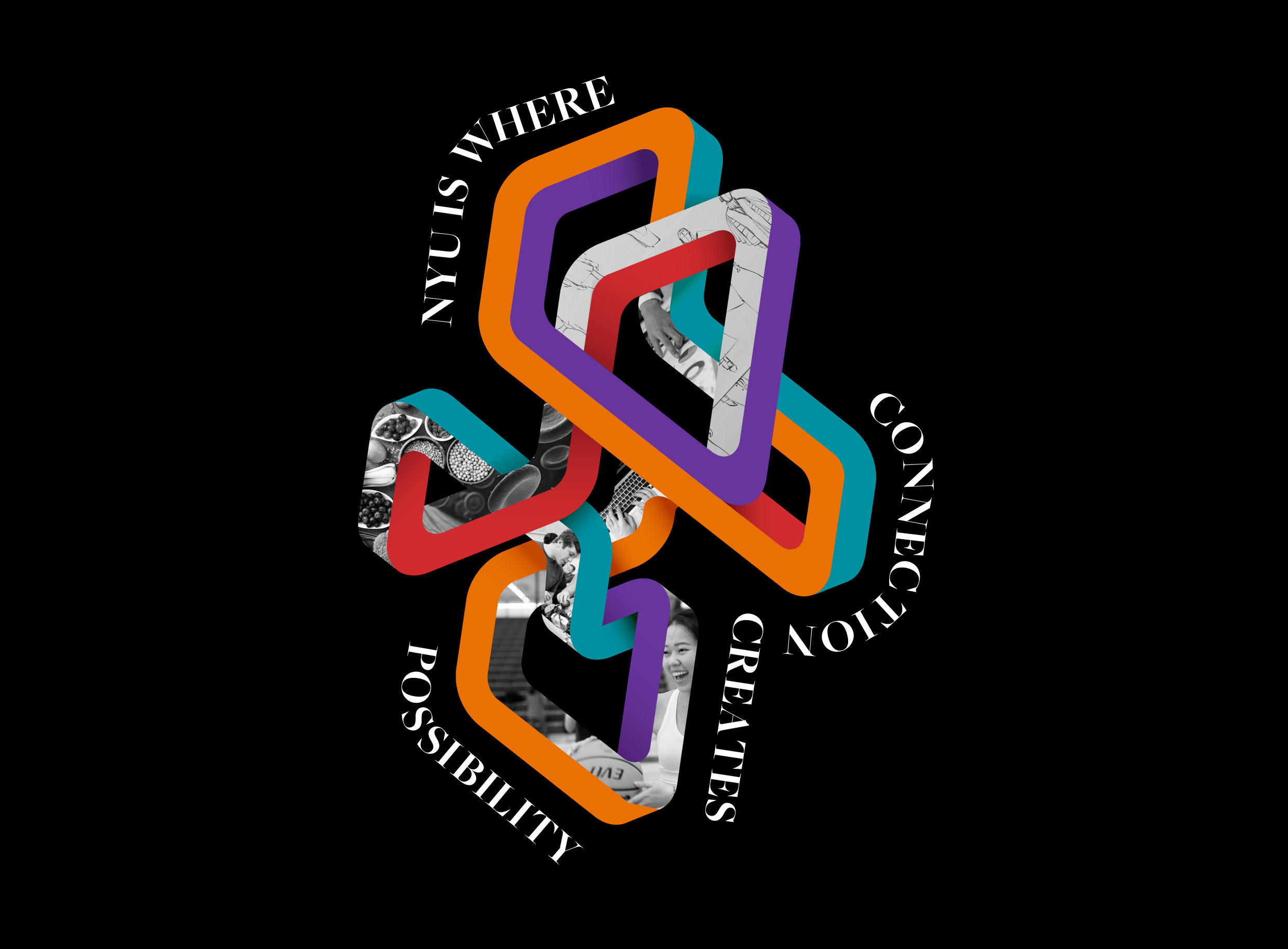 A graphic cover design featuring interlocking colorful geometric shapes with black-and-white photo collages inside. Text around the shapes reads: “NYU IS WHERE CONNECTION CREATES POSSIBILITY.”
