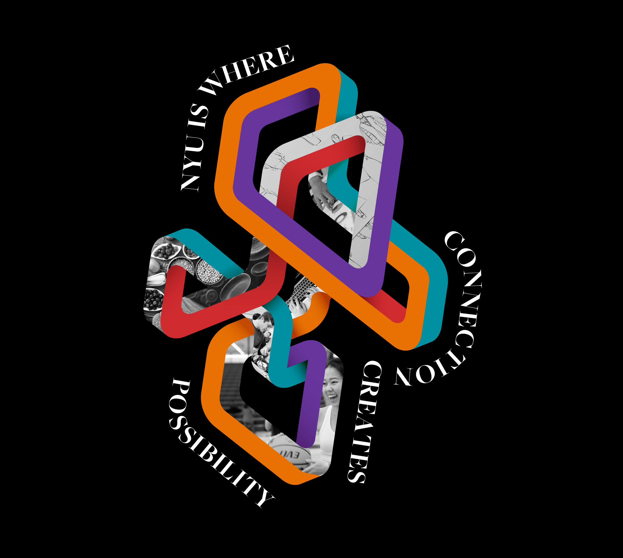 A graphic cover design featuring interlocking colorful geometric shapes with black-and-white photo collages inside. Text around the shapes reads: “NYU IS WHERE CONNECTION CREATES POSSIBILITY.”