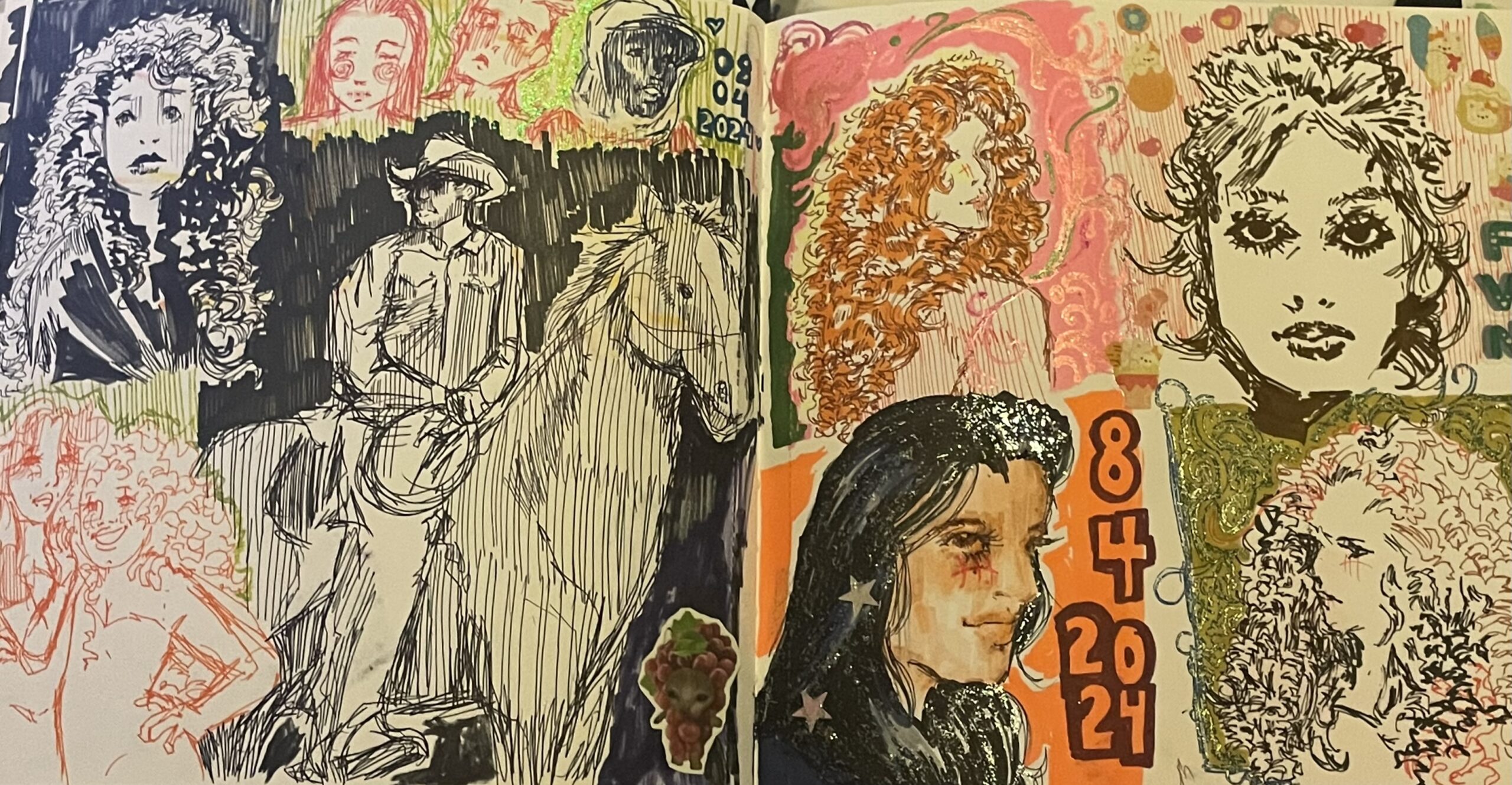A colorful sketchbook spread filled with portraits, including curly-haired figures, a cowboy on horseback, stylized faces, and decorative doodles. The pages mix pen, marker, and collage elements with dates and patterns adding to the layered composition.