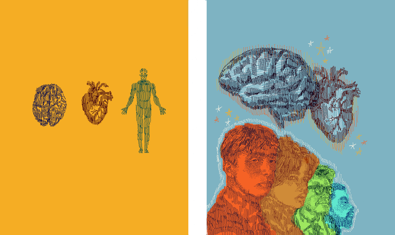 A split illustration: on the left, a brain, heart, and human figure are drawn with vertical line textures against a golden background; on the right, layered portraits of people gaze right beneath a brain and heart.