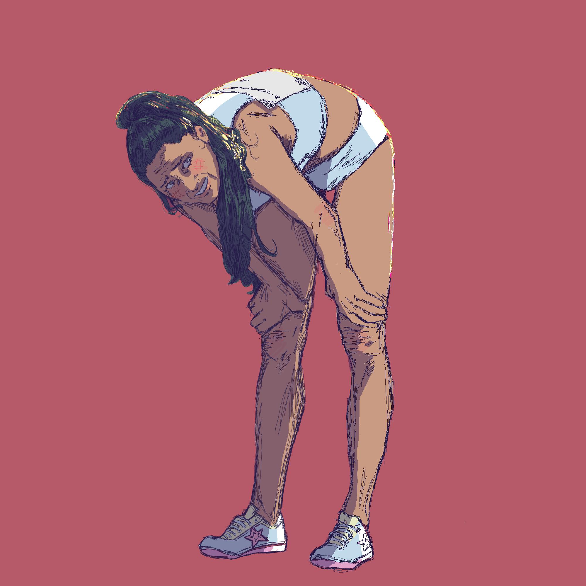 An illustration of a woman in athletic wear bent over with her hands on her knees, appearing tired after exercise, set against a solid red background.