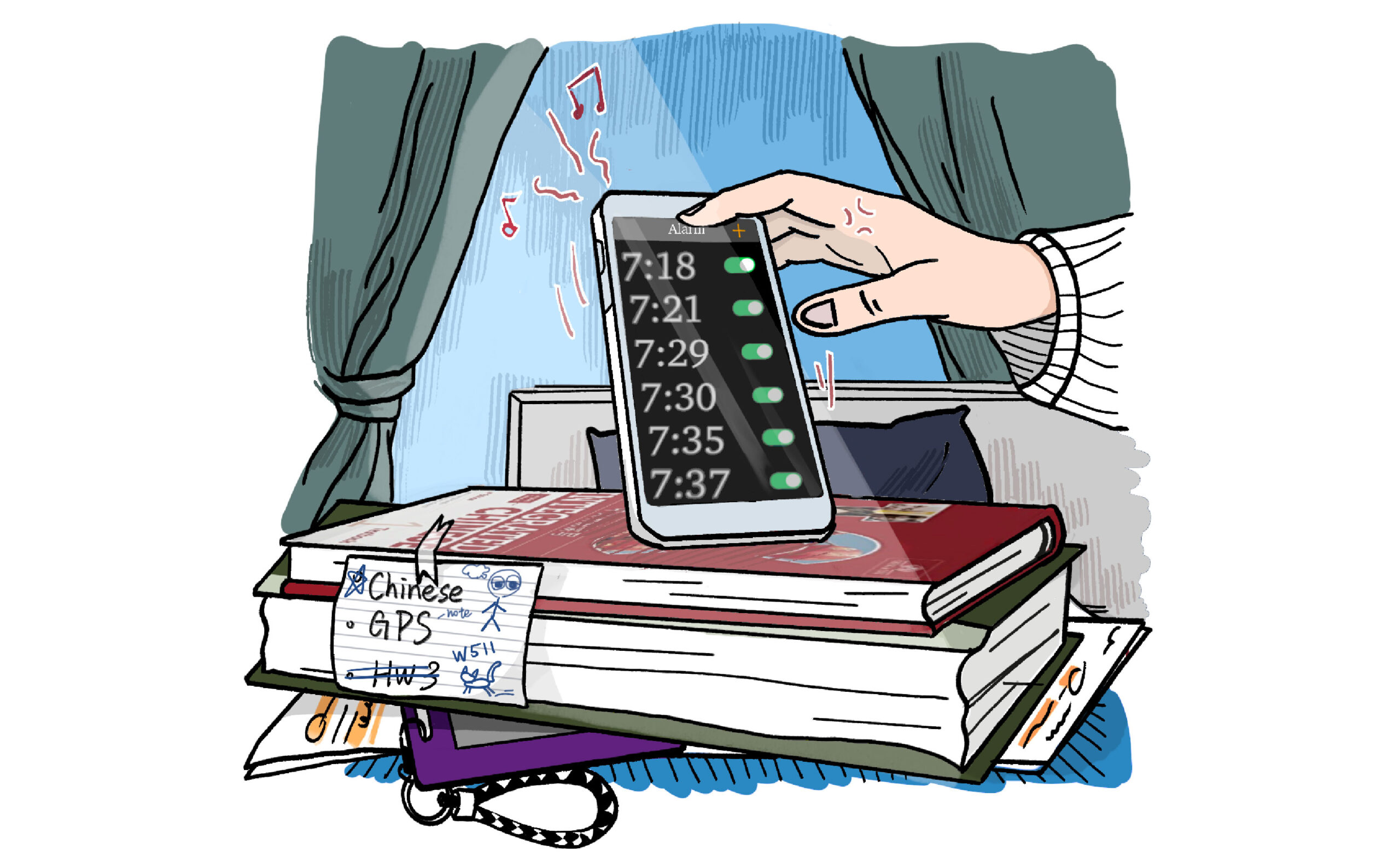An illustration of a hand turning off a ringing phone alarm, with the screen showing multiple alarms set in 5-minute intervals.
