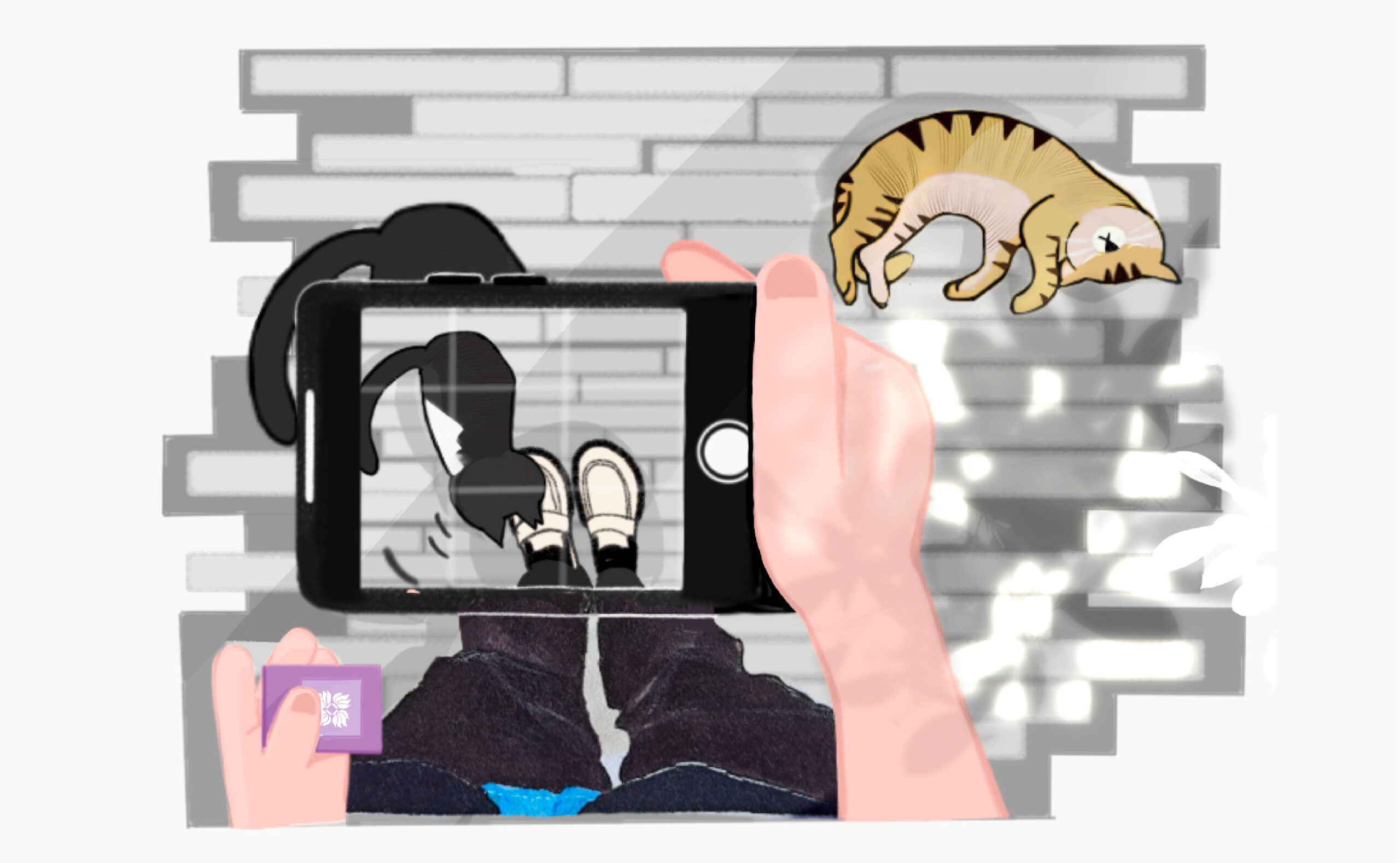 An illustration of a student taking a photo of a cats with their phone.