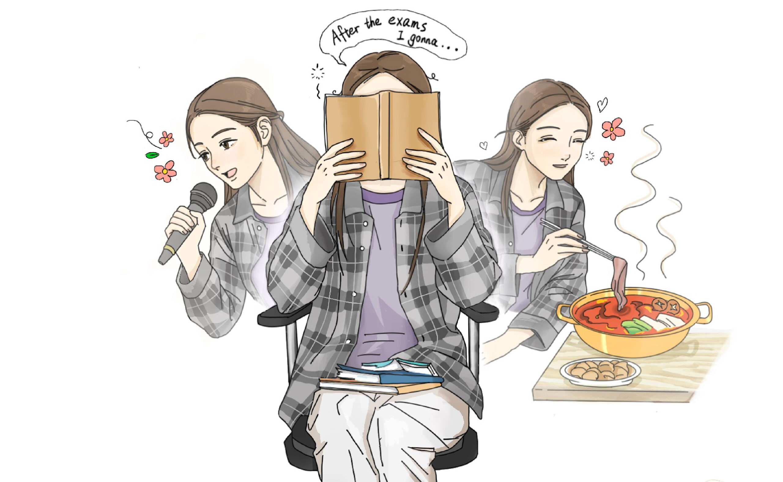 A illustration of a student singing, eating and reading