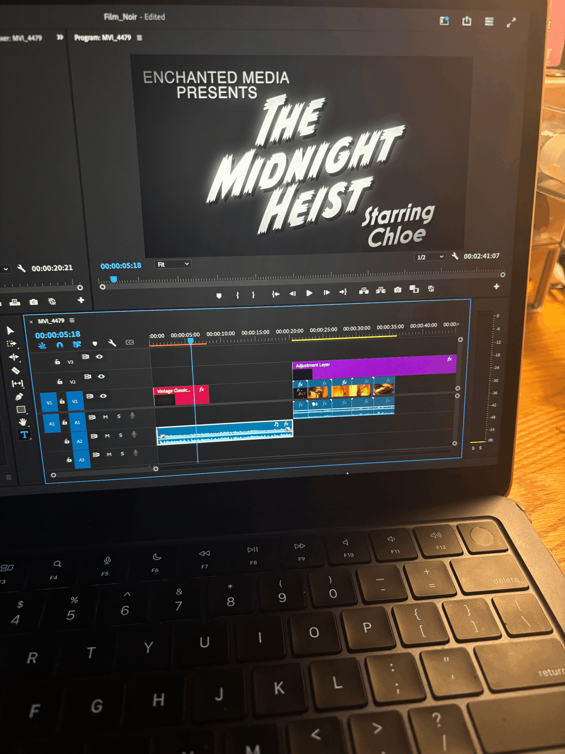 Film noir editing on a laptop