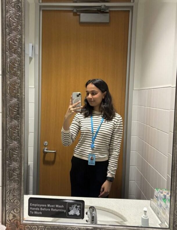 Mirror selfie in office bathroom, first day at Amazon internship, summer 2025
