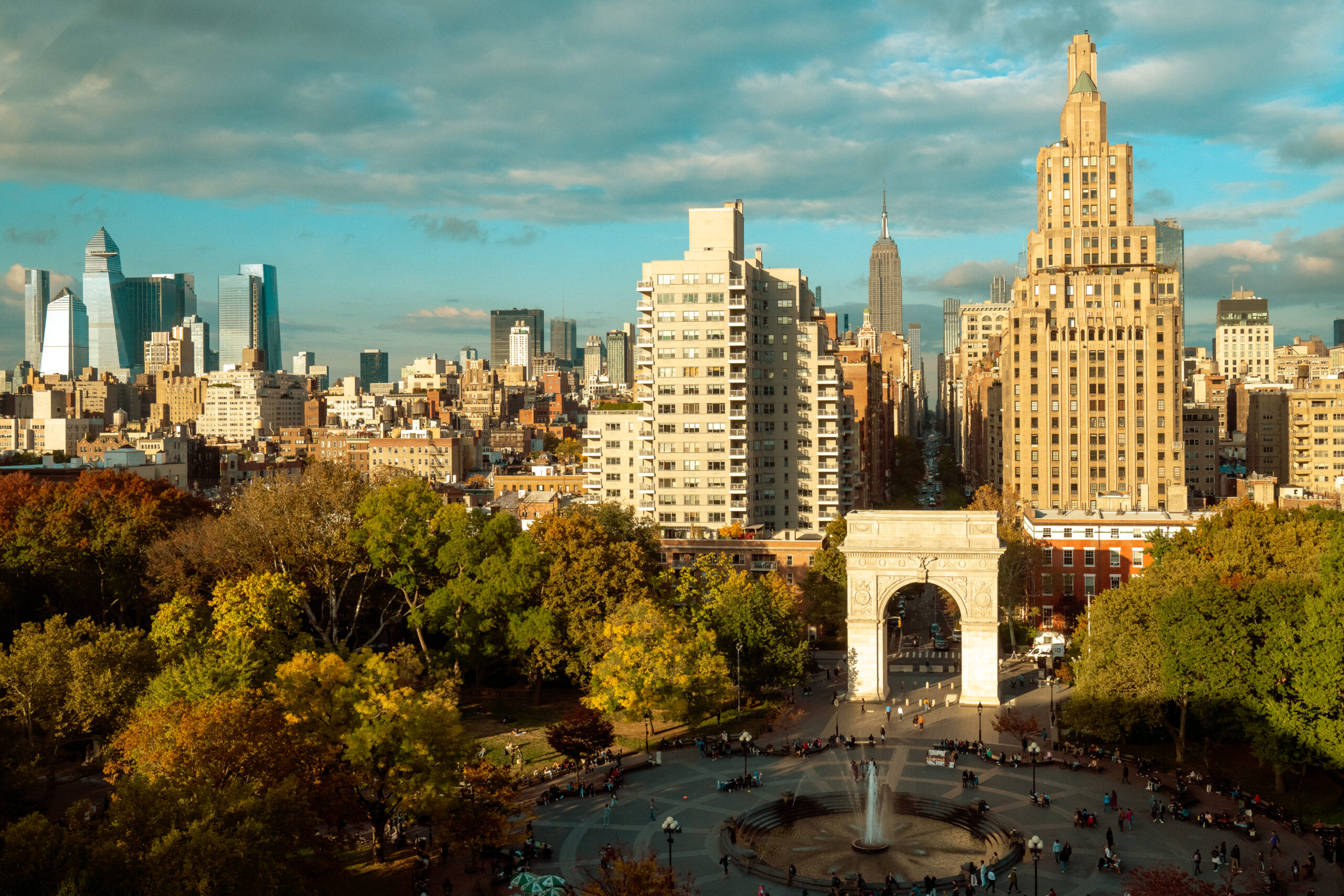 Washington Square Park with its white arch and fountain in the foreground.