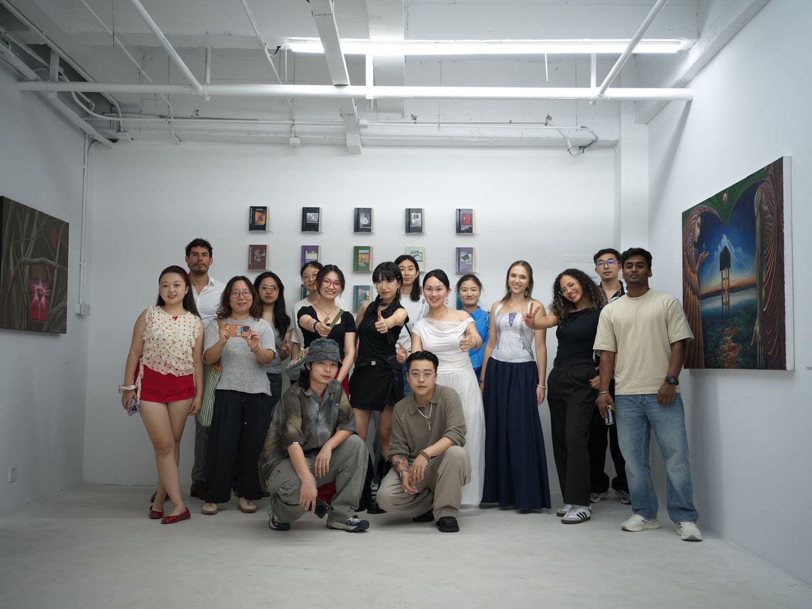 Masha and friends at an exhibition opening.