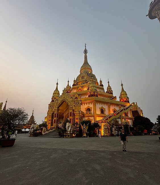 An illuminated ornate temple in Yunnan.