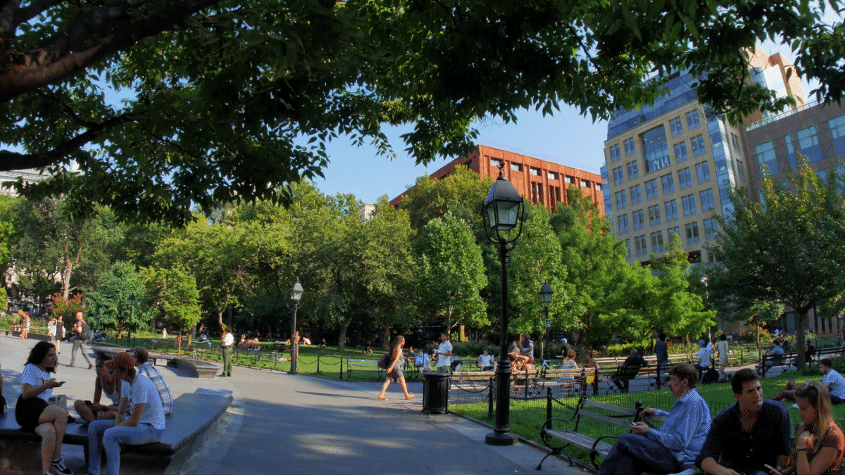 An animated gif of people spending time in Washington Square Park on a summer’s day.