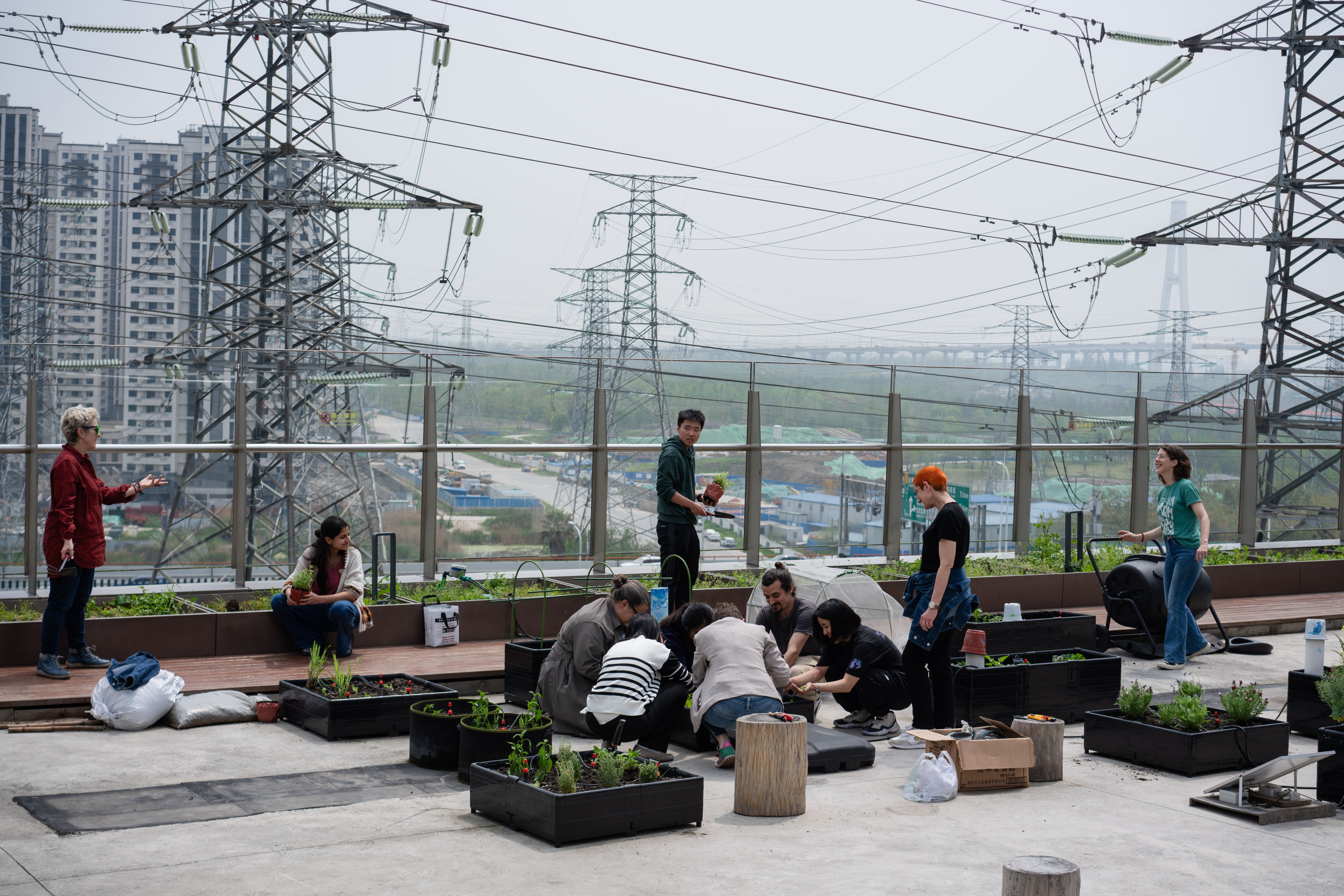 A group of students planting flowerbeds on a rooftop in Shanghai.
