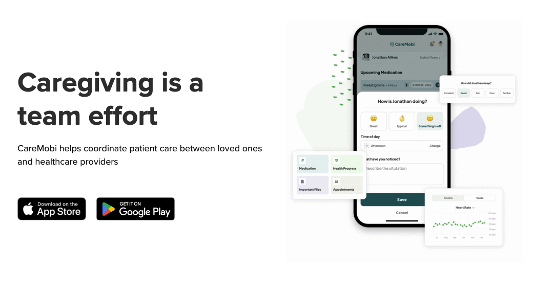 Promotional graphic showing a caregiving app on a smartphone with the text “Caregiving is a team effort” and app store download buttons.