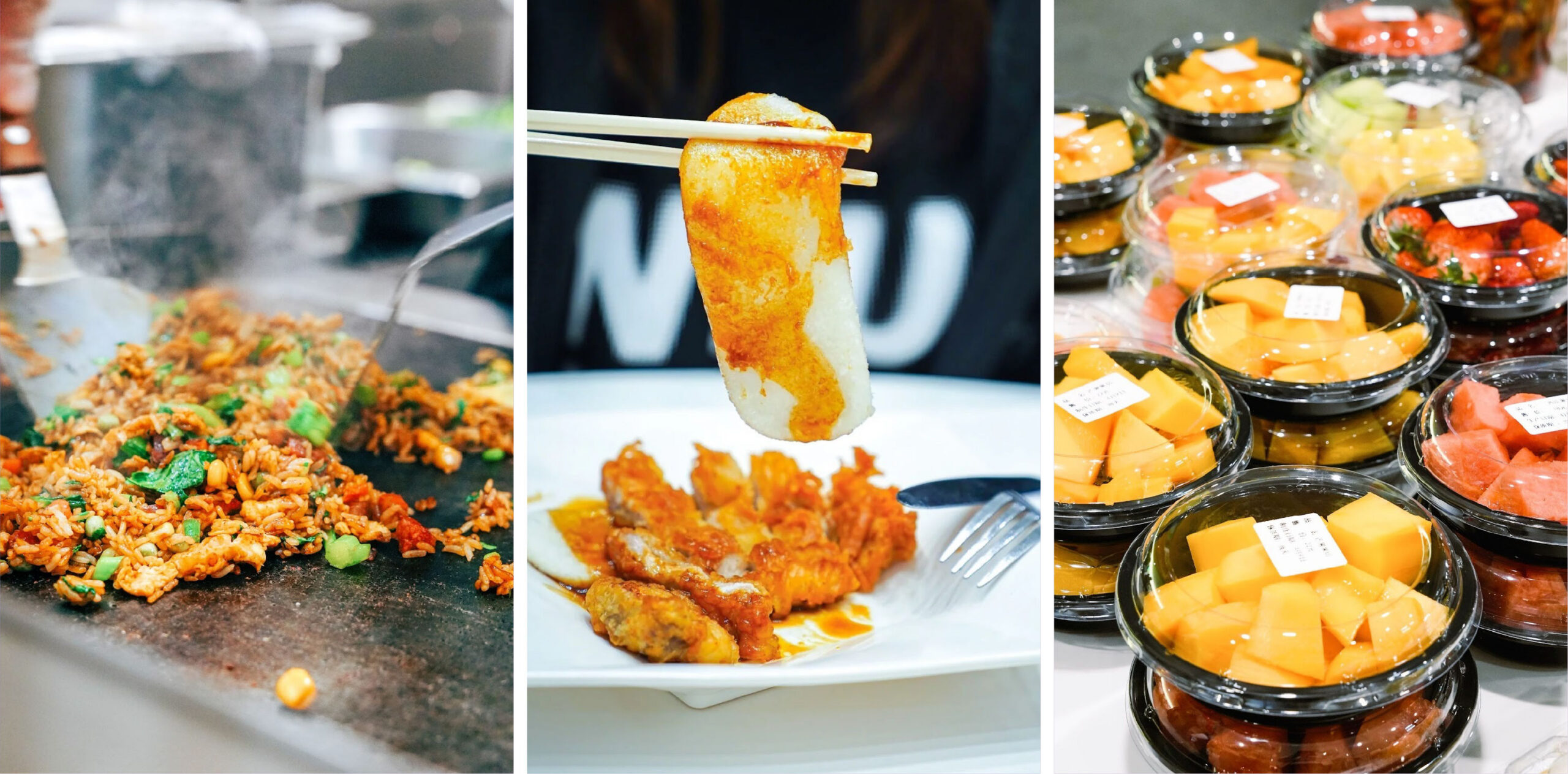 Collage of campus dining options: fried rice on a griddle, chopsticks holding a sauced dumpling, and packaged cups of cut fruit.