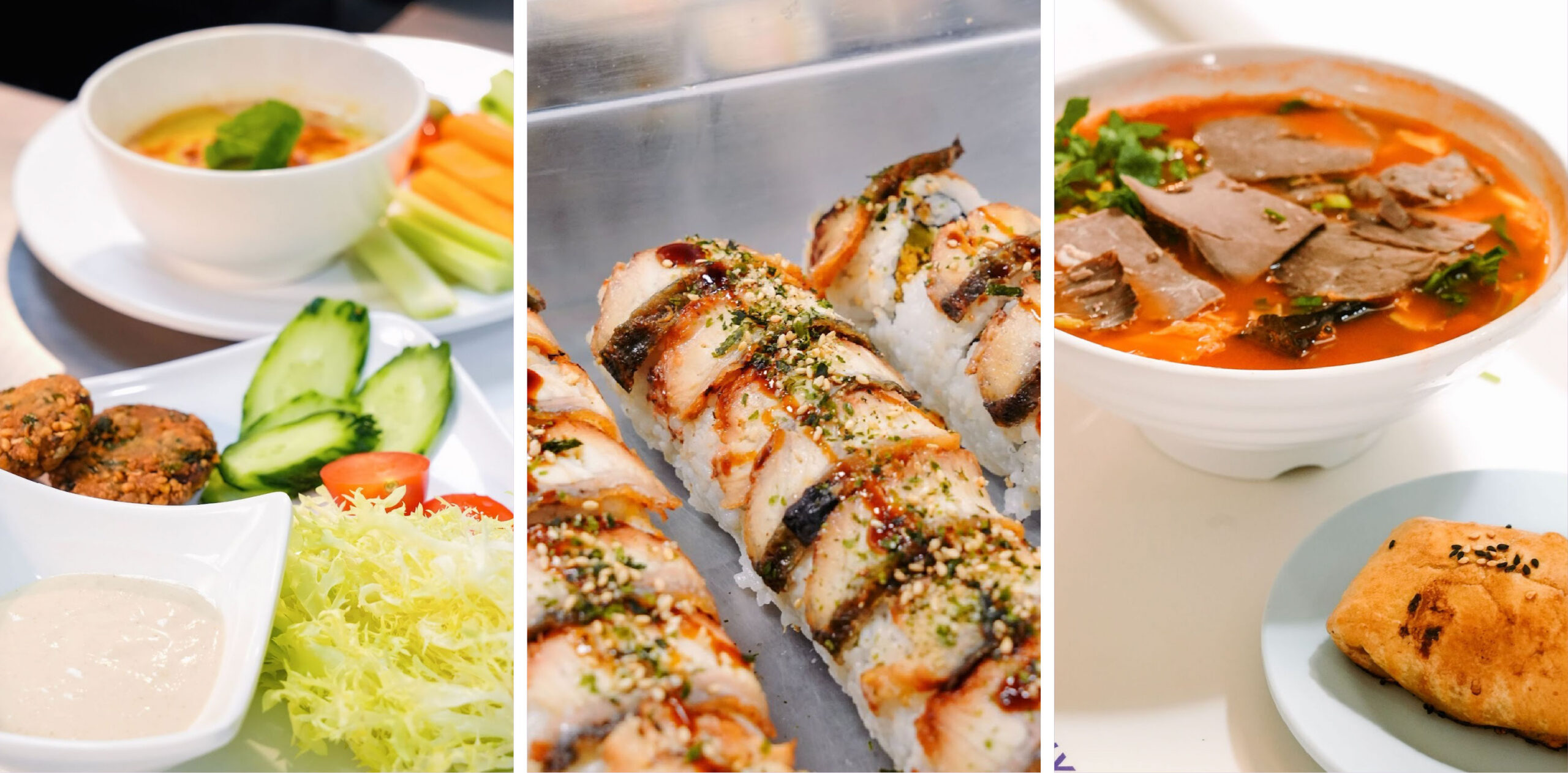 Collage of campus dishes: vegetables with dip and falafel, sushi rolls, and a bowl of soup with a pastry.