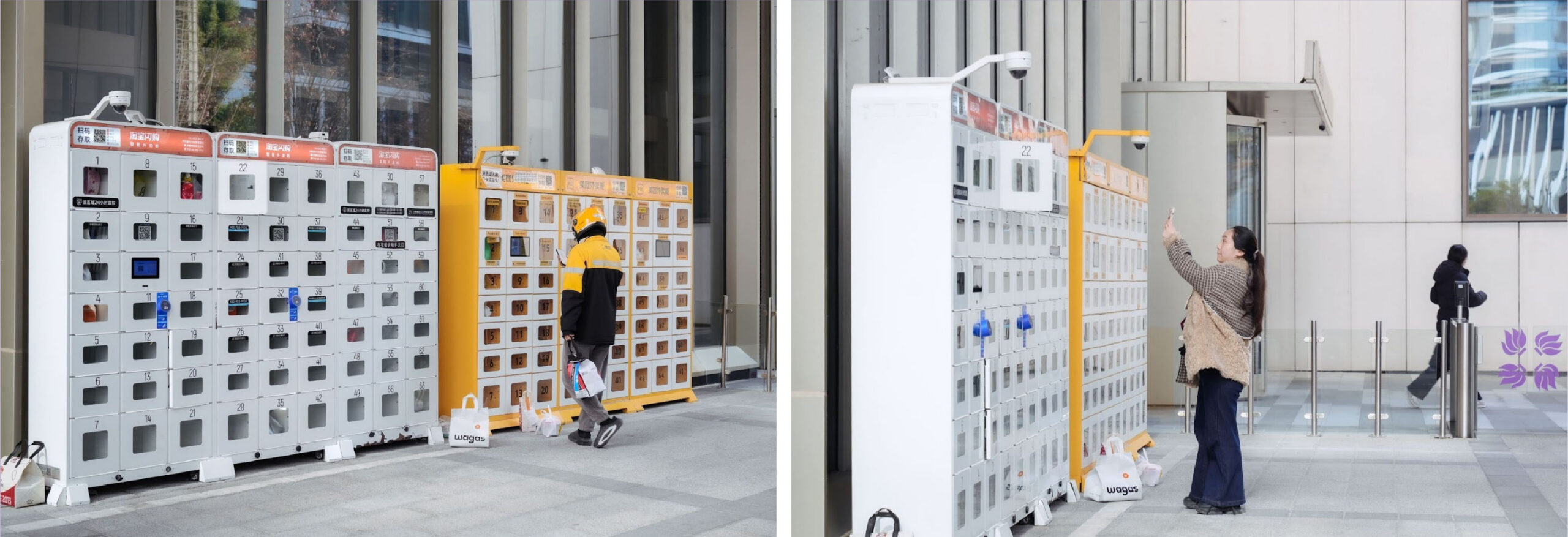Students use outdoor locker-style pickup boxes to collect delivered food orders.