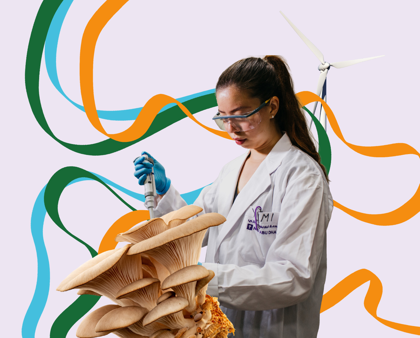 A scientist wearing a lab coat, safety goggles, and gloves uses a pipette to examine a large cluster of mushrooms, with colorful abstract lines and a wind turbine in the background.